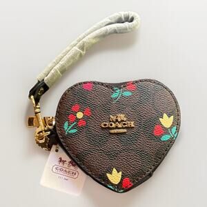 Coach Heart-Shaped Floral Wristlet Clutch Brown Red Green Gold-Tone Logo